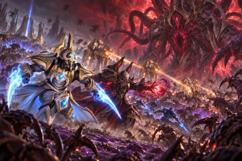 AI reconstructed illustration: Artanis and Alarak charging together against Amon's grotesque host body on the battlefields of Aiur.