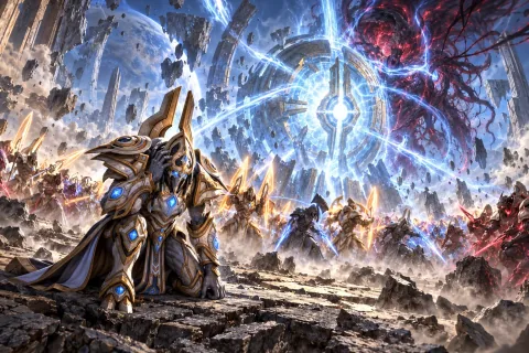 AI reconstructed illustration: The Keystone capturing Amon's energy while Artanis telepathically urges his brethren to sever their nerve cords.