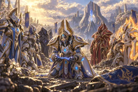 AI reconstructed illustration: Artanis kneeling on the peaceful battlefield of Aiur, holding a severed nerve cord as the sun rises.