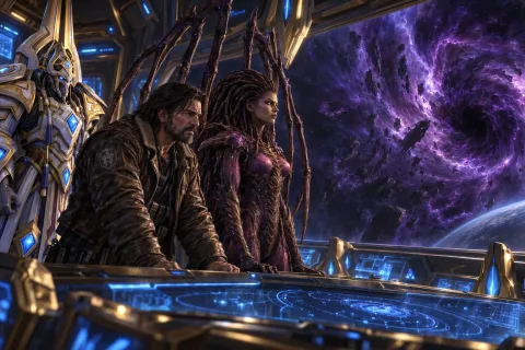 Ilustrasi Rekonstruksi AI: Jim Raynor, Primal Kerrigan, dan Artanis di jembatan Hyperion, memandang ke arah retakan Void.
