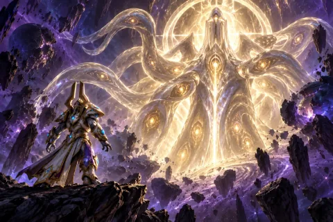 Ilustrasi Rekonstruksi AI: Ilusi Tassadar memudar untuk mengungkap Xel'naga Oros yang kolosal di hadapan Artanis.
