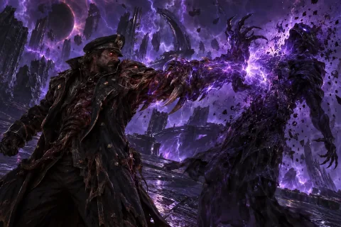Ilustrasi Rekonstruksi AI: Alexei Stukov melepaskan ledakan energi untuk menghancurkan Narud di Void.