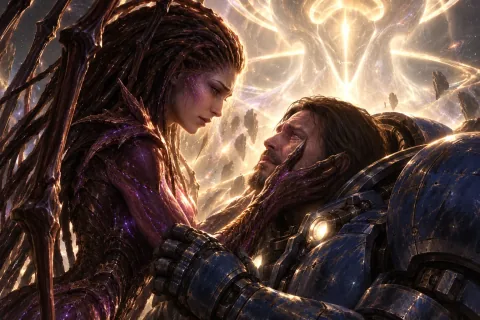 Ilustrasi Rekonstruksi AI: Kerrigan menyentuh pipi Raynor sebelum menyerap esensi Oros untuk naik.