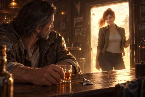 Ilustrasi Rekonstruksi AI: Sarah Kerrigan manusia bersatu kembali dengan Jim Raynor di Joey Ray's Bar.