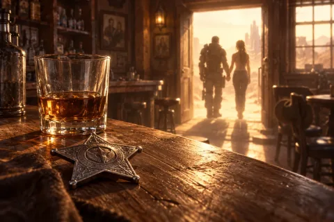 Ilustrasi Rekonstruksi AI: Lencana sheriff dan gelas wiski Raynor tertinggal di bar saat ia pergi bersama Kerrigan.