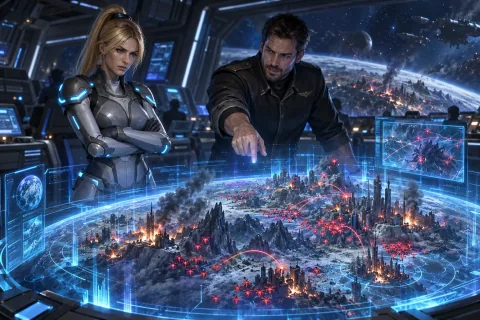 Minh họa tái tạo bằng AI: Nova Terra đang phân tích dữ liệu ảnh ảo về sự hủy diệt của Antiga Prime trên cầu tàu Griffin.