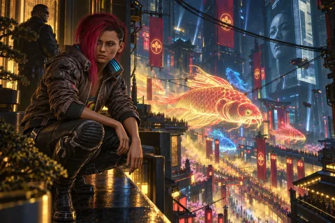 AI-interpreted illustration — The gaze of power overlapping the festival. This is a symbolic reconstruction based on public materials and is not an actual in-game screenshot.