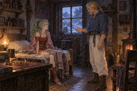 تينا تستيقظ في غرفة أربيس. تاج العبودية المنزوع موضوع على الطاولة. — رسم توضيحي بالذكاء الاصطناعي استناداً إلى مواد عامة. تكوين المشهد وتعبيرات الوجه هي تفسير.