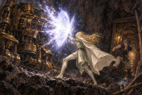 Pinipigilan ni Celes ang pag-atake ng Tunnel Armor gamit ang magic sword sa kuweba at sinisiguro ni Locke ang daan ng pagtakas. — AI illustration batay sa pampublikong materyales. Ang komposisyon at ekspresyon ng eksena ay interpretasyon.