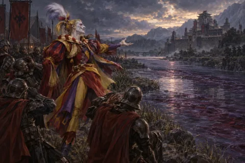 Si Kefka ay nagpapadaloy ng kontaminadong tubig patungo sa Kastilyong Doma mula sa pampang at ang mga sundalo ay naguguluhan. — AI illustration batay sa pampublikong materyales. Ang komposisyon at ekspresyon ng tagpo ay interpretasyon.