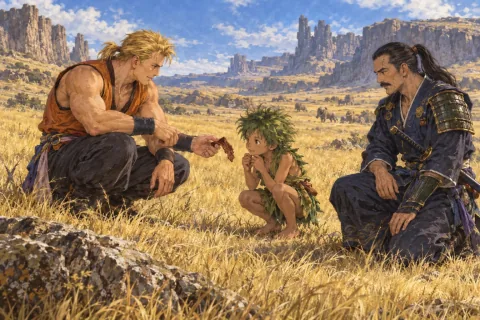 ماتيو يقدم الطعام لغاو في سهول فيلدت وكايين يراقب من الجانب. — رسم توضيحي بالذكاء الاصطناعي استناداً إلى مواد عامة. تكوين المشهد وتعبيرات الوجه هي تفسيرات.