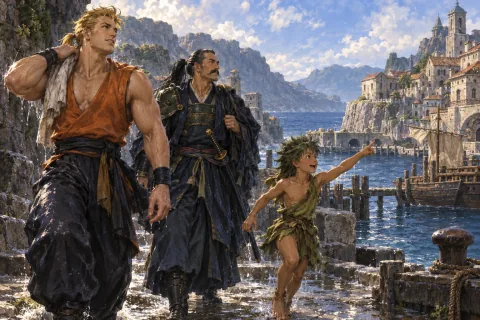 ماتيو وكايين وغاو يصلون إلى ميناء نيقيا بعد عبور خندق الثعبان. — رسم توضيحي بالذكاء الاصطناعي استناداً إلى مواد عامة. تكوين المشهد وتعبيرات الوجه هي تفسيرات.