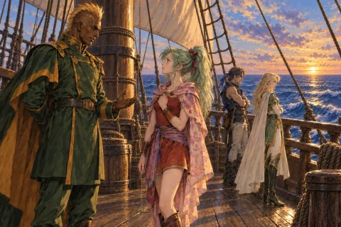 الجنرال ليو يتحدث إلى تينا على سطح السفينة بينما يقف سيليس ولوك. — رسم توضيحي بالذكاء الاصطناعي بالرجوع إلى مواد عامة. تكوين المشهد وتعبيرات الوجه هي تفسير.