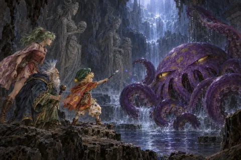 幻獣の洞窟でリルムが筆を手にオルトロスに向かい、ストラゴスとティナが見守る。 — 公開資料を参考にしたAI挿絵。シーンの構図と表情は解釈です。