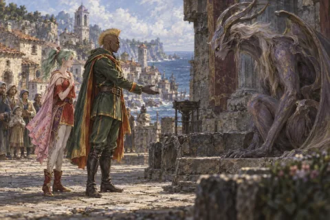 الجنرال ليو وتينا يحاولان إجراء مفاوضات سلام مع الإسبر في ساحة قرية ساماسا. — رسم توضيحي بالذكاء الاصطناعي بناءً على مواد عامة. تكوين المشهد وتعبيرات الوجه هي تفسير.