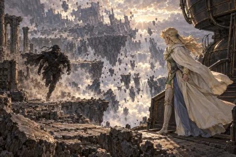وسط انهيار القارة الطافية، سيليس تنتظر المنطاد وشادو يركض نحوها. — رسم توضيحي بالذكاء الاصطناعي استناداً إلى مواد عامة. تكوين المشهد وتعبيرات الوجه هي تفسير.