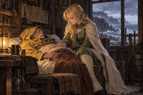 سيليس تعتني بسيد المستلقي على السرير في كوخ على جزيرة منعزلة. — رسم توضيحي بالذكاء الاصطناعي استناداً إلى مواد عامة. تكوين المشهد وتعبيرات الوجه هي تفسير.