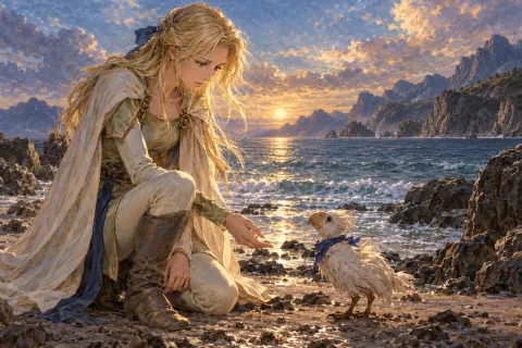 سيليس تجد الأمل وهي تنظر إلى طائر يربط وشاحاً أزرق على الشاطئ. — رسم توضيحي بالذكاء الاصطناعي استناداً إلى مواد عامة. تكوين المشهد وتعبيرات الوجه هي تفسير.