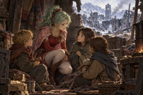 تينا تجلس مع الأطفال في قرية موبليز وتستمع إلى قصصهم. — رسم توضيحي بالذكاء الاصطناعي استناداً إلى مواد عامة. تكوين المشهد وتعبيرات الوجه هي تفسير.