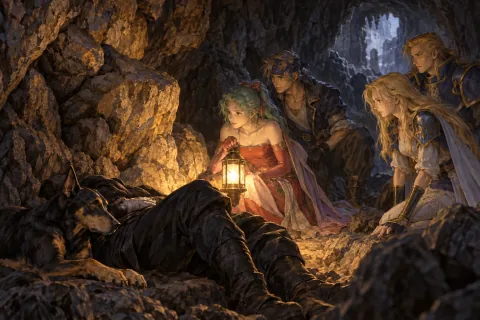 Shadow descansa bajo la protección de Interceptor en la cueva del Veldt. — Ilustración de IA basada en materiales públicos. La composición y expresión de la escena son una interpretación.