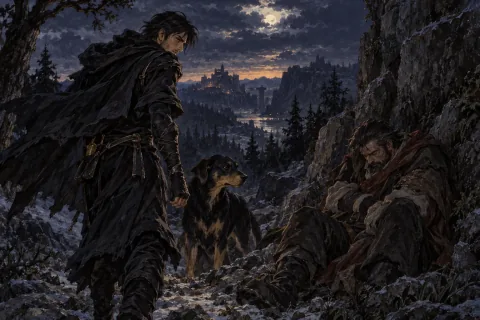 En los recuerdos de Shadow, Clyde contempla escapar dejando atrás a un Baram herido. — Ilustración de IA basada en materiales públicos. La composición y expresión de la escena son una interpretación.