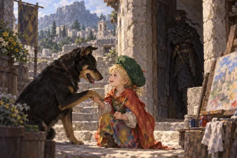 En la aldea de Thamasa, Interceptor se acerca a Relm mientras Shadow observa desde lejos. — Ilustración de IA basada en materiales públicos. La composición y expresión de la escena son una interpretación.