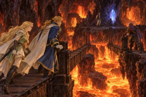 Sa Phoenix Cave, tinatawid ng grupo ang tulay sa ibabaw ng lava habang naghihintay si Locke sa tabi ng Magicite. — AI illustration batay sa pampublikong materyales. Ang komposisyon at ekspresyon ng eksena ay interpretasyon.