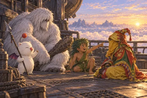 موغ، أومارو، غاو، وغوغو يتجمعون على سطح منطاد فالكون ويهربون. — رسم توضيحي بالذكاء الاصطناعي استناداً إلى مواد عامة. تكوين المشهد وتعبيرات الوجه هي تفسير.