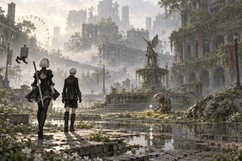Mit KI erstellte symbolische Illustration einer Erde ohne Menschen: zwei Androiden und eine kleine Maschine in einer verfallenen Stadt. Kein offizielles Spielbild und keine Rekonstruktion eines bestimmten Ereignisses.