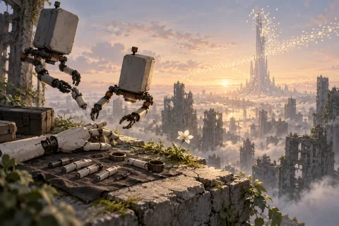 AI symbolic illustration of preserving memory and another beginning, with two support units and repair parts. Not an official screenshot or a reconstruction of the final scene.