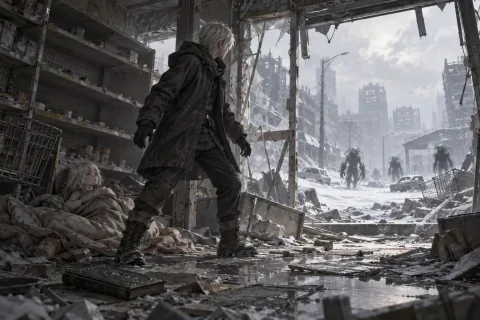 The Boy Protecting His Sister in the Ruins — AI interpretive illustration informed by scene and character references; not an official game screenshot.