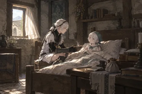 A Long Time Later, Yonah Is Still Ill — AI interpretive illustration informed by scene and character references; not an official game screenshot.