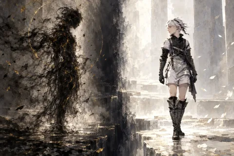 Gestalt and Replicant Do Not Mean the Same Thing — Conceptual AI illustration of the distinction between soul and body, not a reconstruction of an actual in-game encounter.