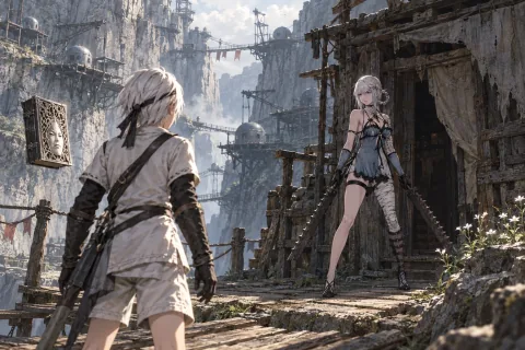 พบไคเน่ในหมู่บ้านหน้าผา — ภาพตีความที่สร้างด้วย AI โดยอ้างอิงข้อมูลฉากและตัวละคร ไม่ใช่ภาพหน้าจอทางการของเกม