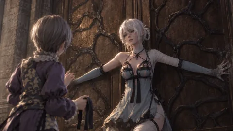 ไคเน่ขวางประตู และ Emil ใช้พลัง — ภาพตีความที่สร้างด้วย AI โดยอ้างอิงข้อมูลฉากและตัวละคร ไม่ใช่ภาพหน้าจอทางการของเกม