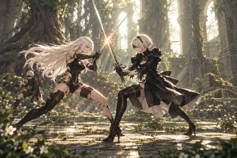 ดาบที่ไปถึงราชาเป็นของ YoRHa — ภาพตีความที่สร้างด้วย AI โดยอ้างอิงข้อมูลฉากและตัวละคร ไม่ใช่ภาพหน้าจอทางการของเกม