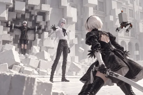 9S ที่ปรากฏกลางการต่อสู้ — ภาพตีความที่สร้างด้วย AI โดยอ้างอิงข้อมูลฉากและตัวละคร ไม่ใช่ภาพหน้าจอทางการของเกม