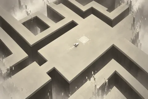 ที่คุมขัง 9S ขณะ 2B เข้าใกล้ — ภาพตีความที่สร้างด้วย AI โดยอ้างอิงข้อมูลฉากและตัวละคร ไม่ใช่ภาพหน้าจอทางการของเกม