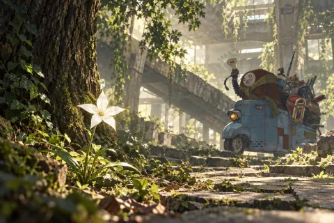 ดอกไม้ขาวเล็กสัมผัสความทรงจำว่างเปล่า — ภาพตีความที่สร้างด้วย AI โดยอ้างอิงข้อมูลฉากและตัวละคร ไม่ใช่ภาพหน้าจอทางการของเกม