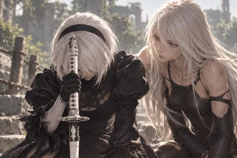 ความทรงจำในดาบและชื่อของ 9S — ภาพตีความที่สร้างด้วย AI โดยอ้างอิงข้อมูลฉากและตัวละคร ไม่ใช่ภาพหน้าจอทางการของเกม
