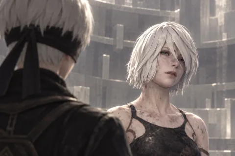 A2 ที่อยากอธิบายกับ 9S ที่ฟังไม่ได้ — ภาพตีความที่สร้างด้วย AI โดยอ้างอิงข้อมูลฉากและตัวละคร ไม่ใช่ภาพหน้าจอทางการของเกม