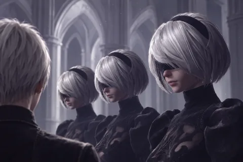 ร่างเลียนแบบที่มีใบหน้าของ 2B — ภาพตีความที่สร้างด้วย AI โดยอ้างอิงข้อมูลฉากและตัวละคร ไม่ใช่ภาพหน้าจอทางการของเกม