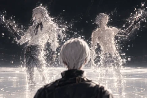 Adam ที่พูดกับ 9S ผู้ใกล้ตาย — ภาพตีความที่สร้างด้วย AI โดยอ้างอิงข้อมูลฉากและตัวละคร ไม่ใช่ภาพหน้าจอทางการของเกม