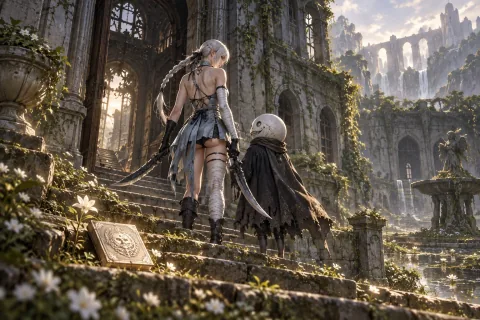 ภาพประกอบเชิงสัญลักษณ์สร้างด้วย AI แสดงไคเน่กับ Emil เดินขึ้นบันไดในซากปรักหักพังด้วยกัน ไม่ใช่ภาพเกมทางการหรือการจำลองฉากใดโดยเฉพาะ