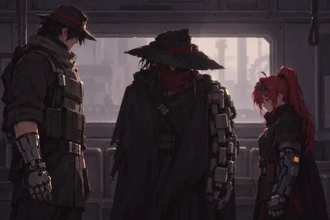 AI illustration — Comrades based on the actual designs of Colonel Baek and Major Song. This reconstruction expresses reunion and forgiveness; it is not an official cutscene.