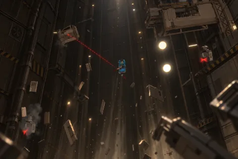 AI illustration — The flying vehicle and vertical ventilation shaft, based on the actual factory escape. Mari’s hacking and the General’s chain arm open a way together.