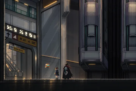 AI illustration — The two companions and Mufin, based on the actual commercial-district station. A plan to destroy the city hides behind the halted transport.