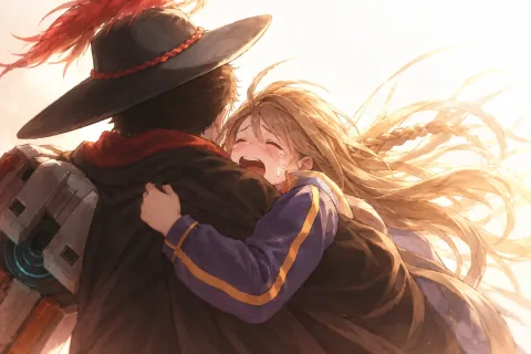 AI illustration — Mari and her father, based on the main game’s actual reunion illustration. The harmonica song passed down from her mother connects them.
