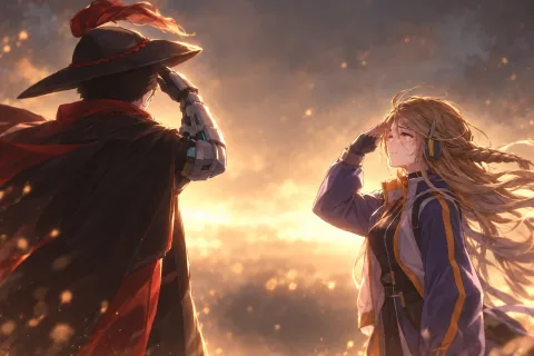 AI illustration — Father and daughter’s last salute, based on the actual ending and character designs. This reconstruction expresses the true ending’s farewell; it is not an official cutscene.