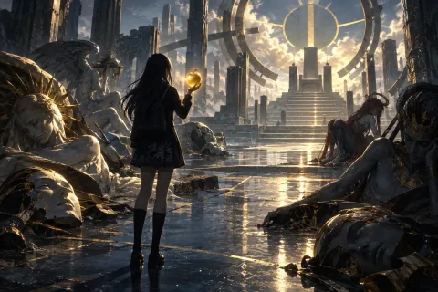 AI詮釋插圖 — 被奪走智慧的神祇與人類。此為參考公開人物與背景資料的重構,象徵性表現並非原作畫面或未經確認事件的重現。